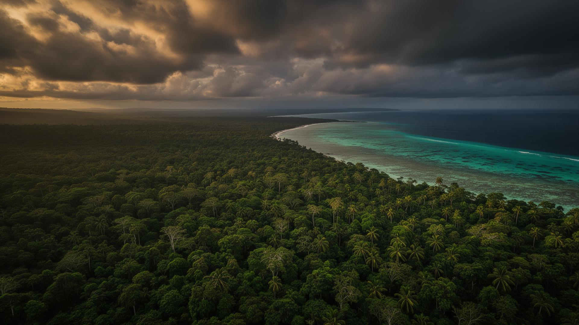 Papua New Guinea rainforest and coastline aerial view